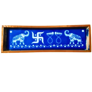 Wooden rangoli stencil with elephant and swastik border design, 17x5 inches