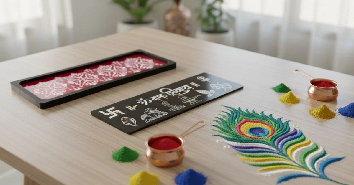 A flat-lay photo of different rangoli kits—acrylic stencils, plastic templates, and colorful powder containers—arranged on table.